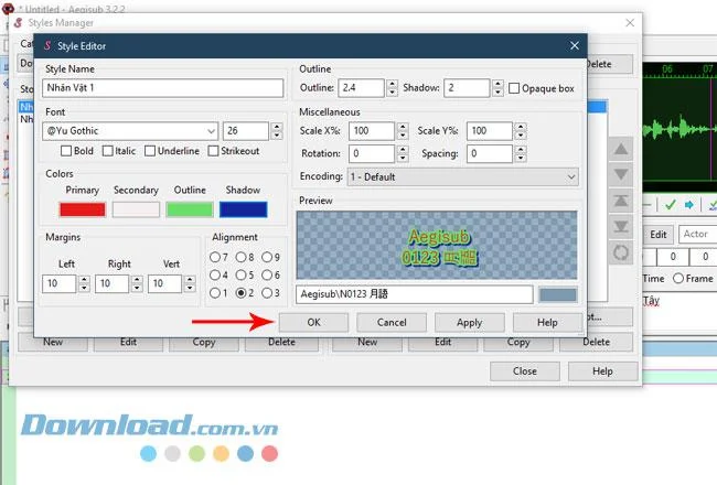 Instructions for creating subtitles font style and color on Aegisub