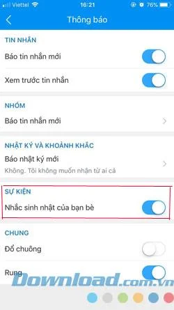 Instructions to turn off notifications of birthdays of friends on Zalo