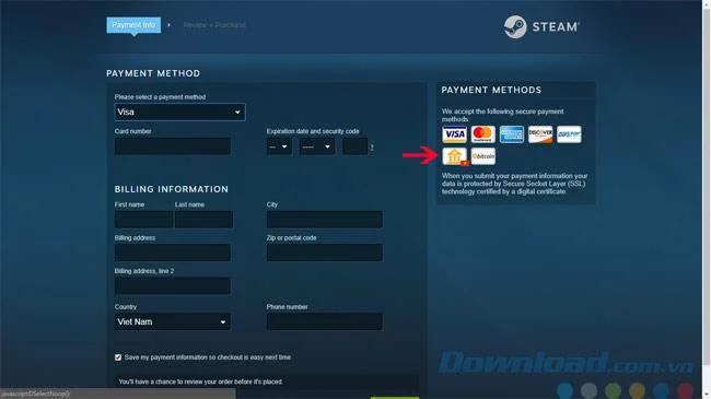 دستورالعمل پرداخت در ویتنامی دونگ روی Steam