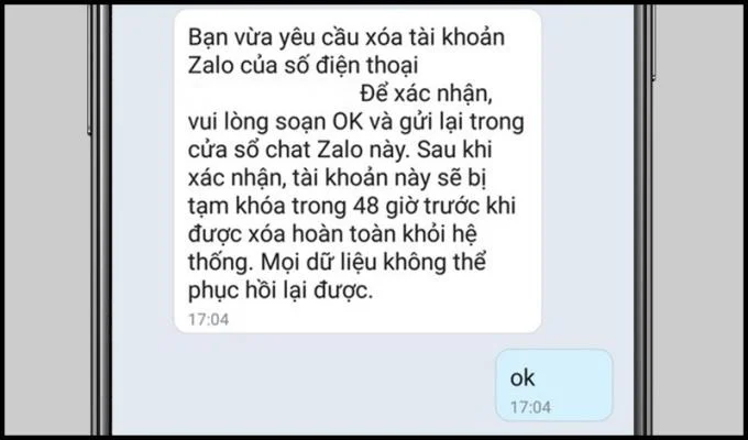 確認刪除Zalo帳戶