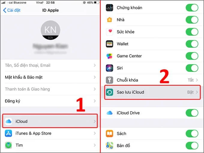 Seleção de iCloud no iPhone