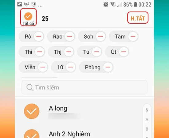 Selecionando contatos para copiar