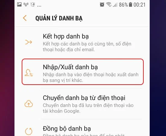 Samsung Galaxy J5, J7에서 연락처 가져 오기 및 내보내기 지침