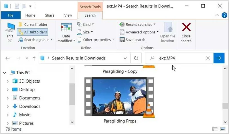 Searching by video file format in File Explorer