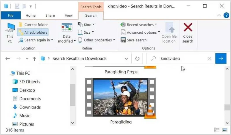 Searching for video files using File Explorer