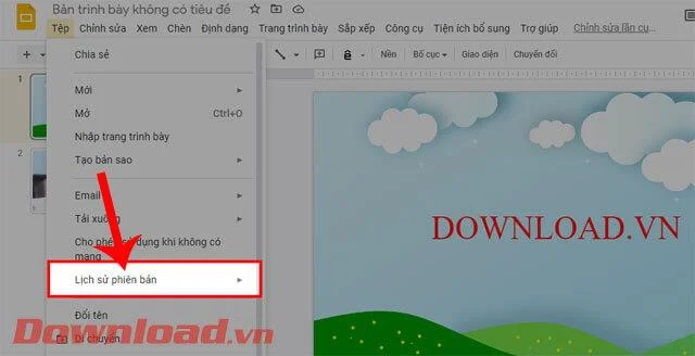 Instruções para visualizar o histórico de edições no Apresentações Google