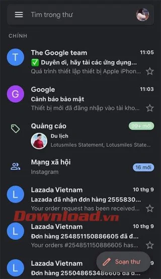 Instruções para ativar o modo de fundo escuro para Gmail em seu telefone