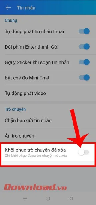Petunjuk untuk memulihkan pesan yang dihapus di Zalo