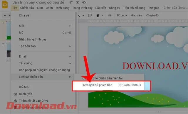 Instruções para visualizar o histórico de edições no Apresentações Google