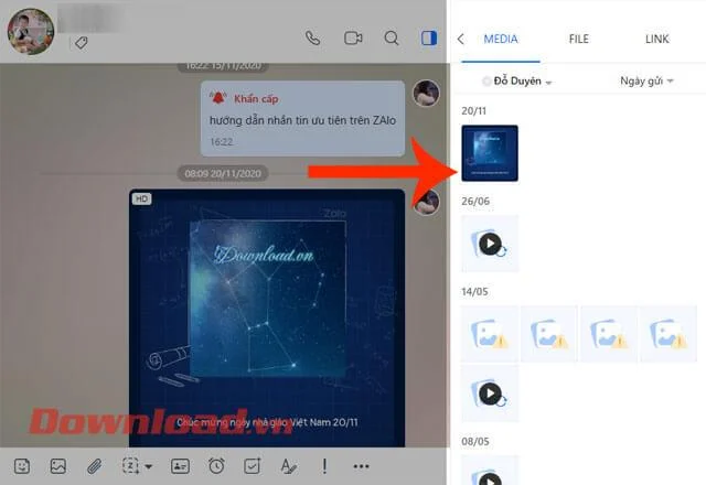 Cara meninjau semua foto, video, file, dan tautan yang dibagikan melalui Zalo