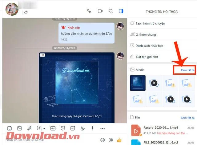 Cara meninjau semua foto, video, file, dan tautan yang dibagikan melalui Zalo