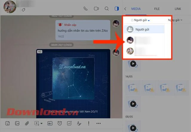 Cara meninjau semua foto, video, file, dan tautan yang dibagikan melalui Zalo