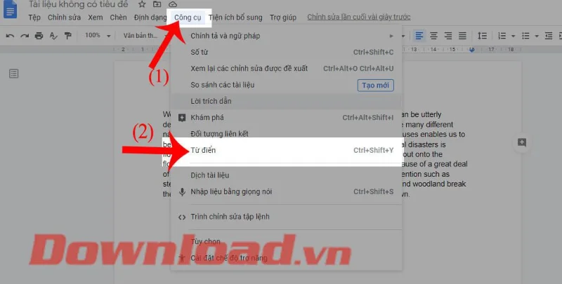 Instruções para usar o dicionário no Google Docs