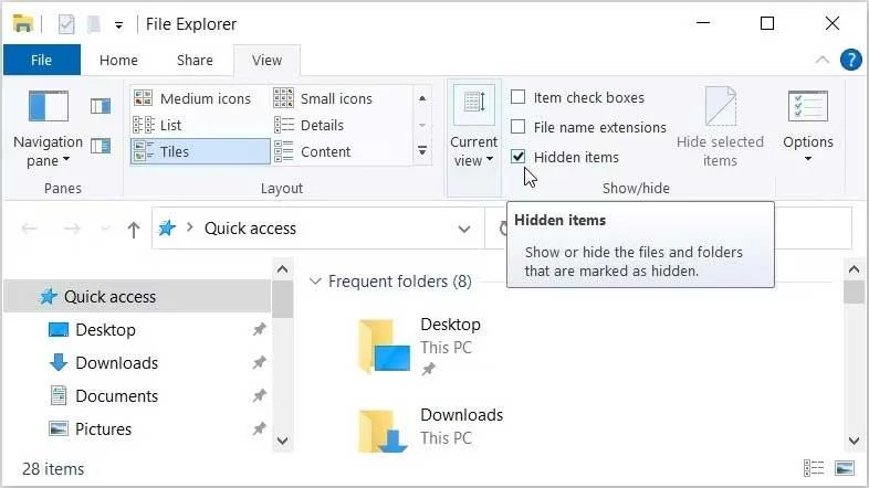 Viewing hidden files in File Explorer