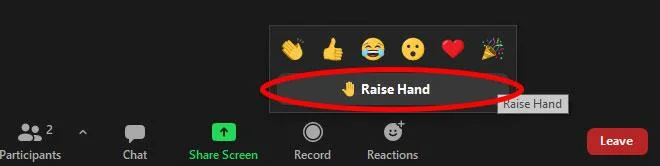 Instruções sobre como levantar a mão para falar em Zoom