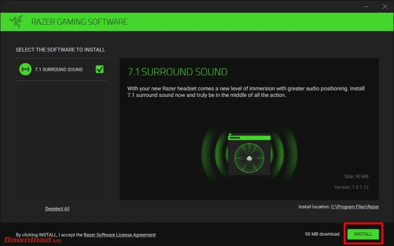 使用 Razer Surround 模拟耳机 7.1 声音的说明