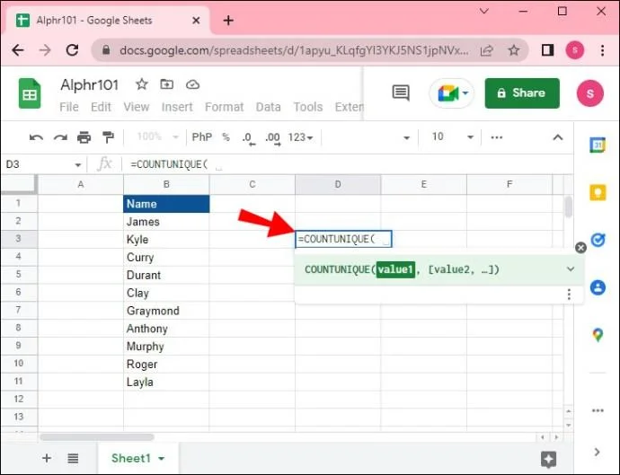 Jak liczyć unikalne wartości w Arkuszach Google