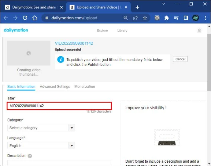 Dailymotion 제목 입력