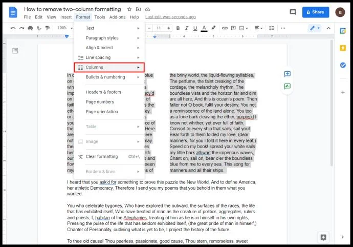 Come creare due colonne in Google Docs