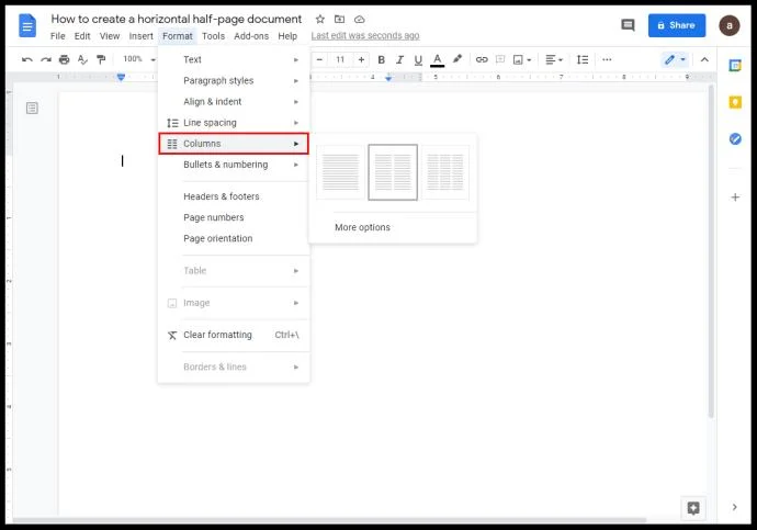 Come creare due colonne in Google Docs