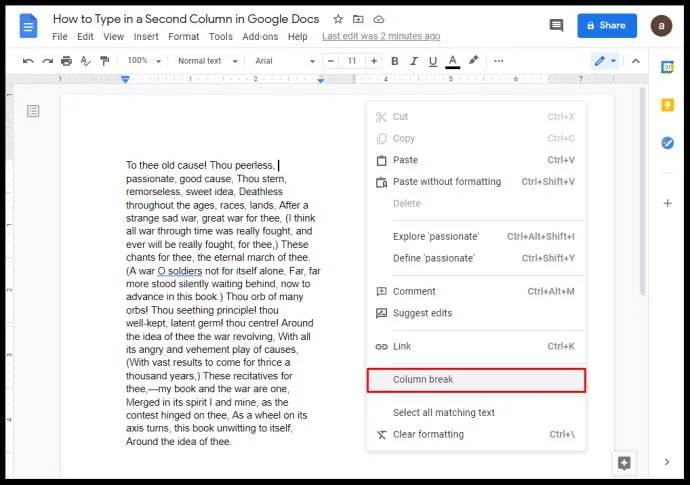 Come creare due colonne in Google Docs