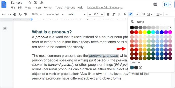 نحوه تغییر رنگ پیوندها در Google Doc