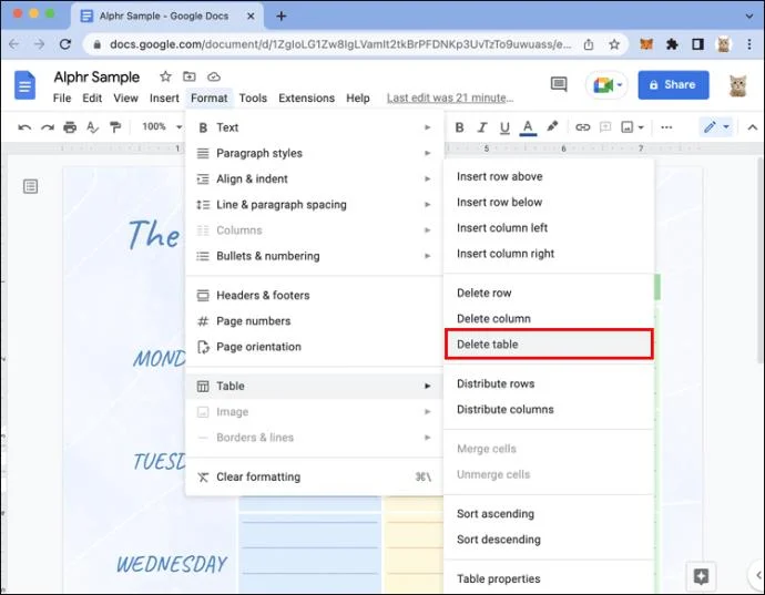 نحوه حذف یک جدول در Google Docs