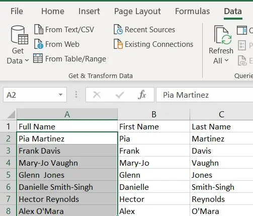 So trennen Sie Vor- und Nachnamen in Excel