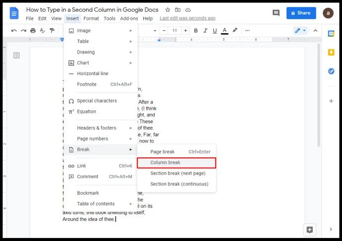 Come creare due colonne in Google Docs