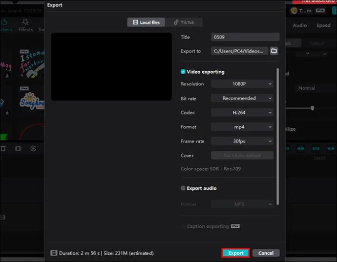 Confirmer l'exportation dans CapCut PC
