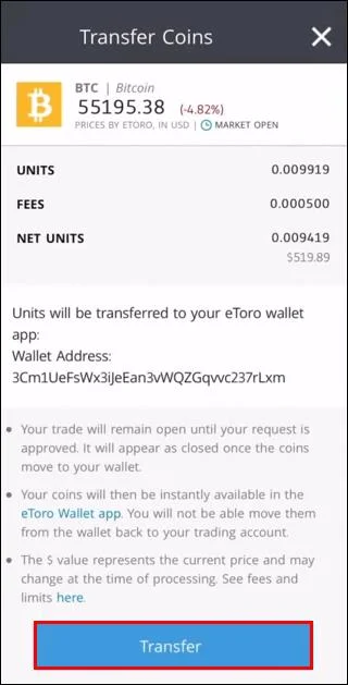 نحوه انتقال به کیف پول از Etoro