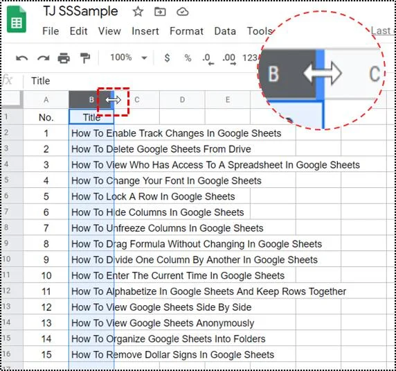 Jak zmienić szerokość kolumny w Arkuszach Google