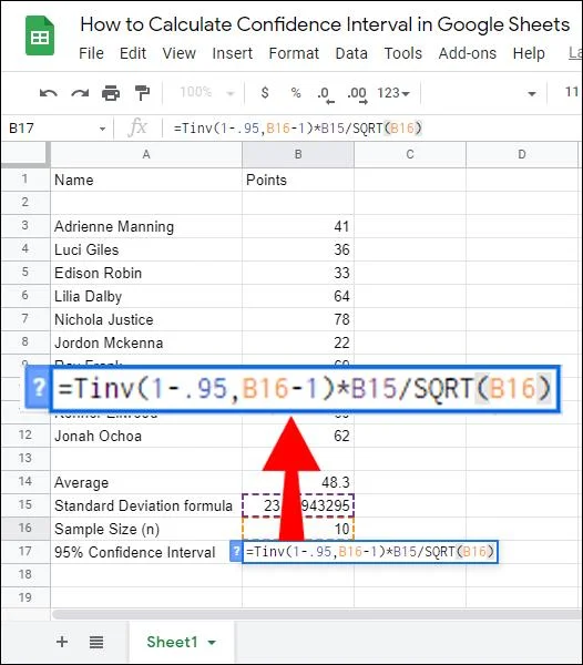 نحوه محاسبه فاصله اطمینان در Google Sheets