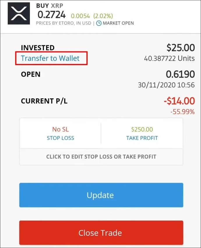 نحوه انتقال به کیف پول از Etoro