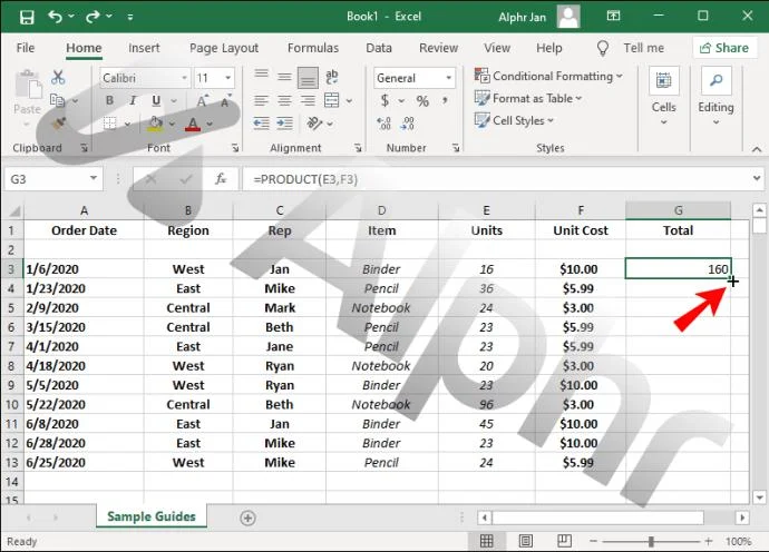 كيفية نسخ صيغة لأسفل في Excel