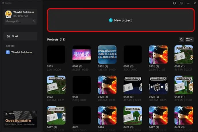 Nouveau projet sur CapCut PC