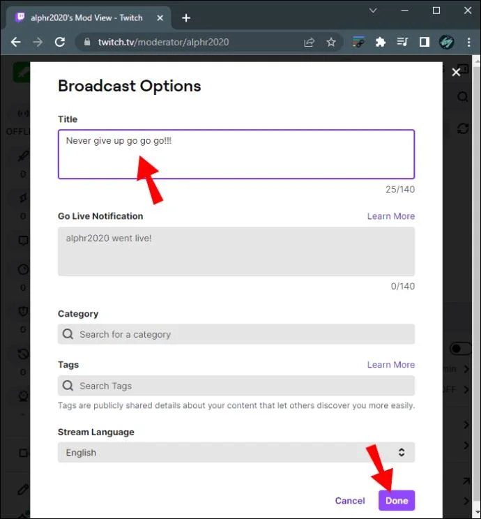 نحوه تغییر عنوان استریم در Twitch