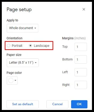 Jak zrobić krajobraz tylko jednej strony w Dokumentach Google