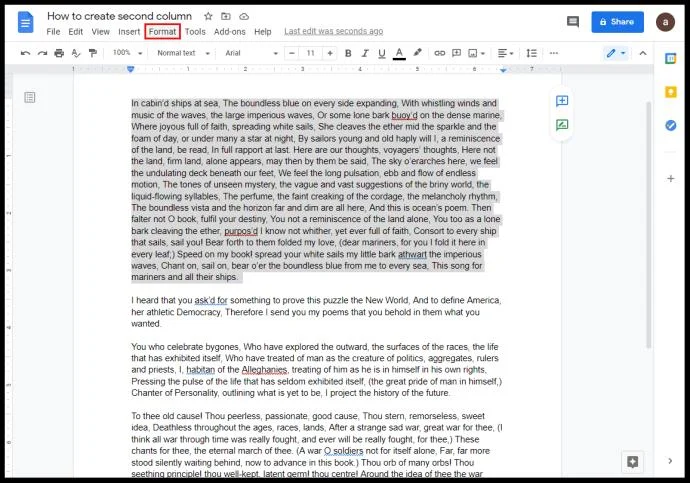 Come creare due colonne in Google Docs