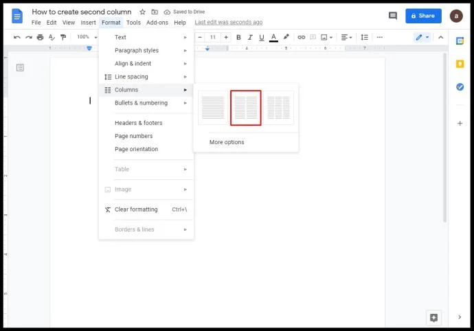 Come creare due colonne in Google Docs
