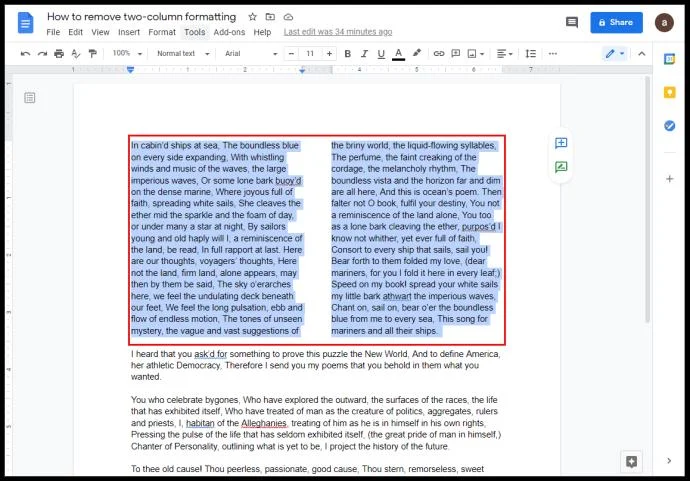 Come creare due colonne in Google Docs