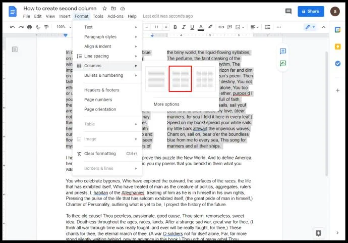 Come creare due colonne in Google Docs