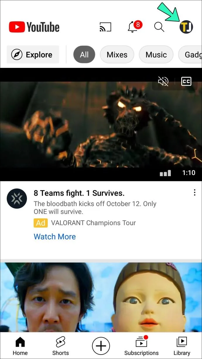 Menu de cuenta en YouTube para Android