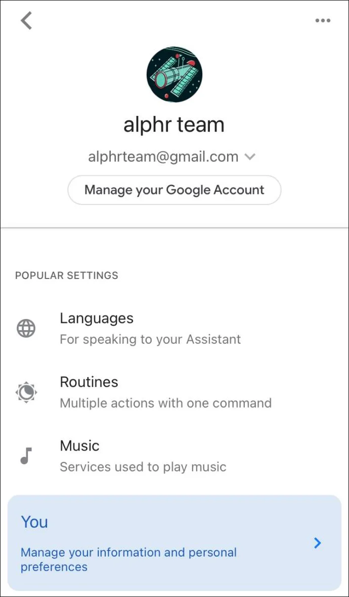 Google 어시스턴트 설정 페이지