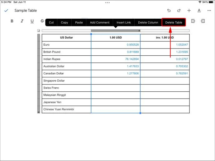 نحوه حذف یک جدول در Google Docs