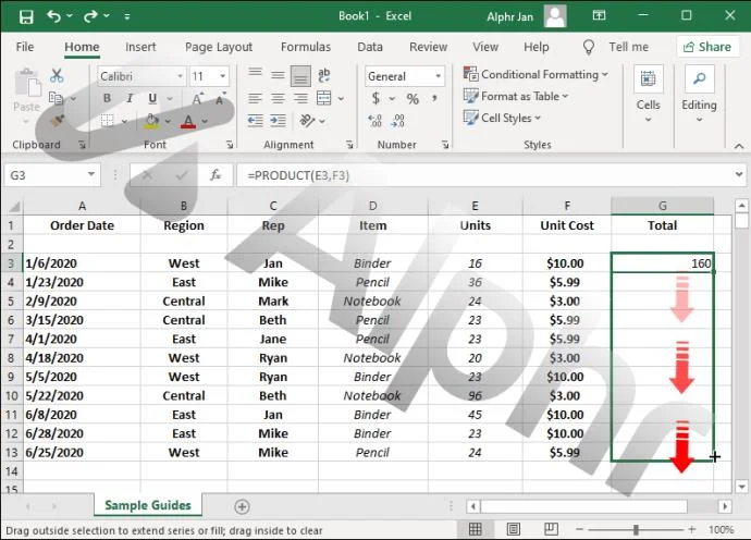 كيفية نسخ صيغة لأسفل في Excel