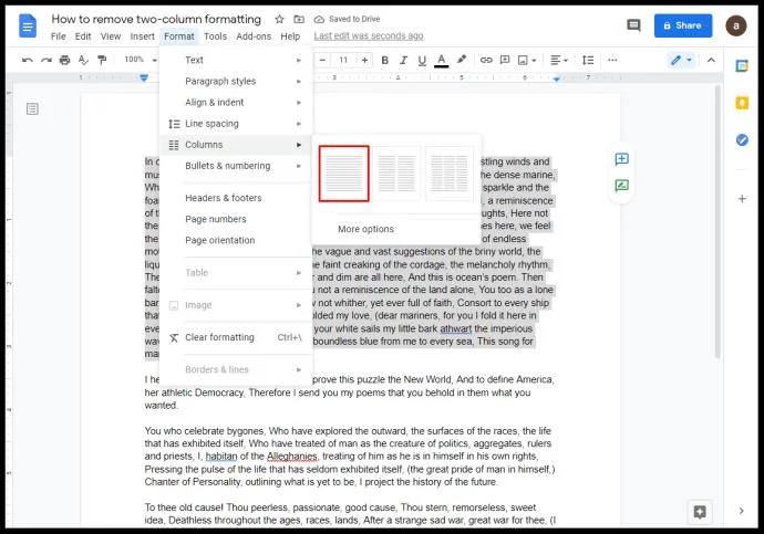 Come creare due colonne in Google Docs