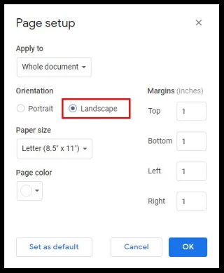 Jak zrobić krajobraz tylko jednej strony w Dokumentach Google