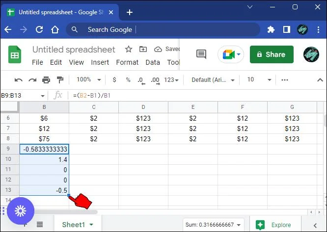 نحوه محاسبه درصد تغییرات Google Sheets