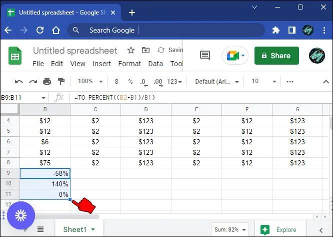 نحوه محاسبه درصد تغییرات Google Sheets